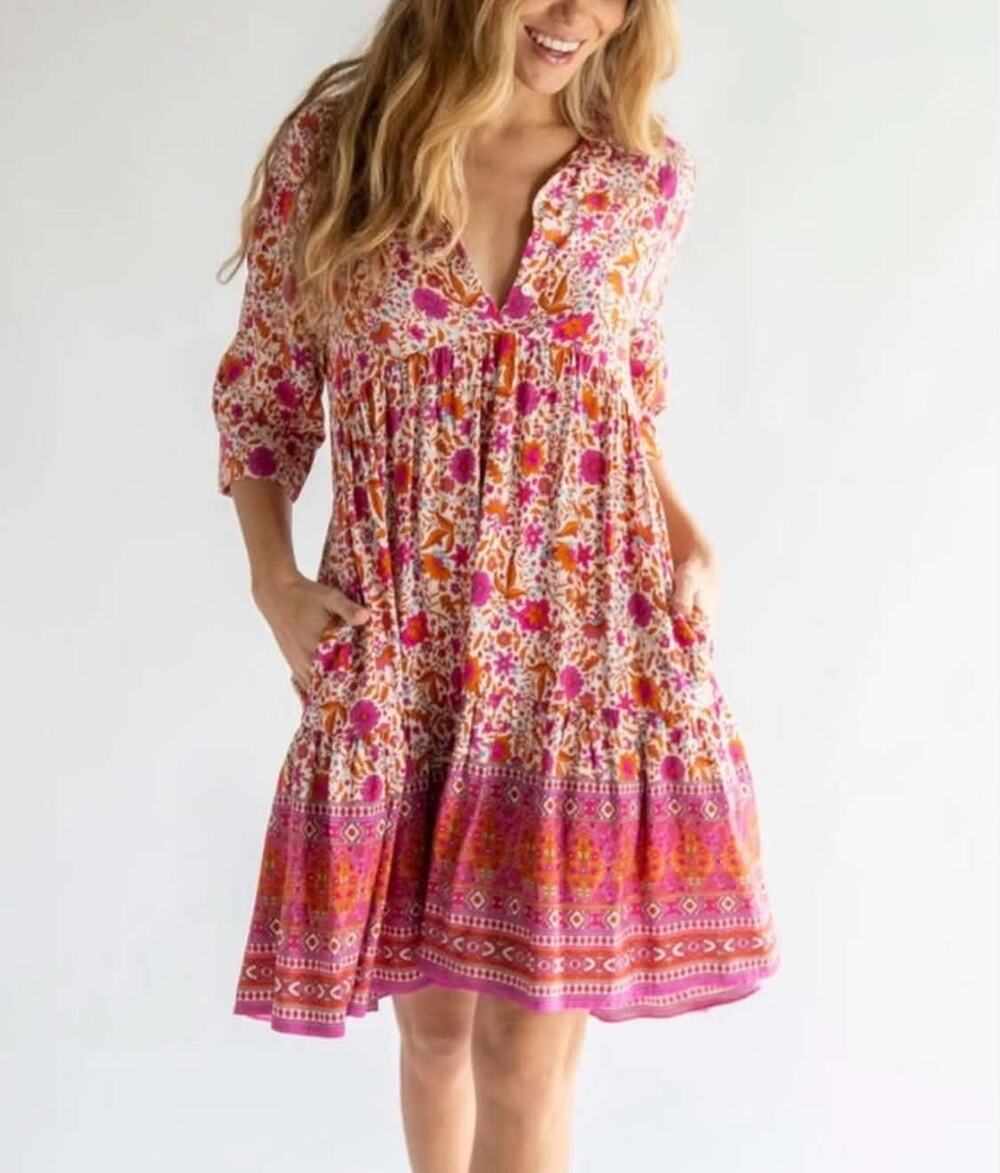 Natural Life Becca Short Dress Red Pink Floral Border Womenβs Size Large L